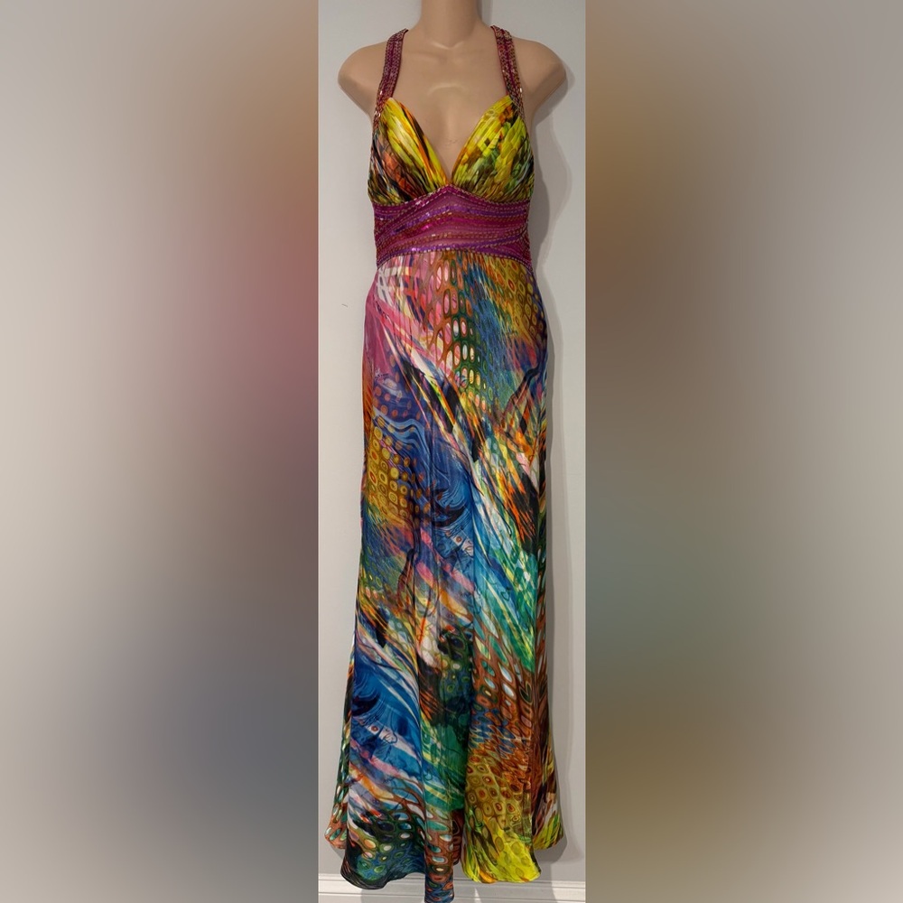 NV COUTURE Peacock Multi Color Cut Out Beaded Trim Formal Backless Dress 10